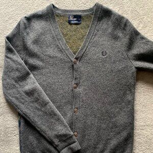 Fred Perry Cardigan Lambs Wool Argyle Sweater. Medium.